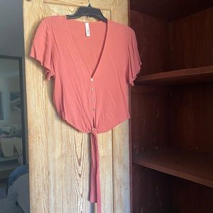 Cropped V neck button down with tie waist